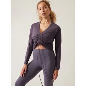 ATHLETA Crossover Ruched Top V-Neck Long Sleeve T-Shirt Dusk Purple Sz S